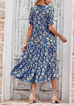 Women's Summer Casual Floral Boho Dress Puff Short Sleeve Ruffle Flowy Beach Party Midi Dresses