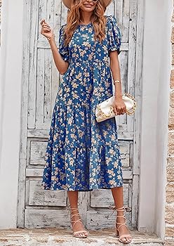 Women's Summer Casual Floral Boho Dress Puff Short Sleeve Ruffle Flowy Beach Party Midi Dresses